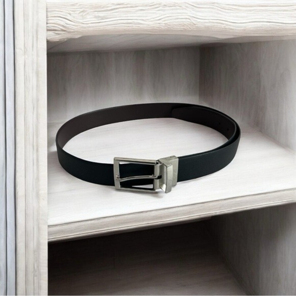 Reversible Black Brown Genuine Leather Silver Square Buckle Dress Belt Sz L 39.5